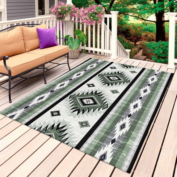 Sage Green Boho Outdoor Rug for Patio/Deck/Porch, Non-Slip Large Area Rug 6 x 9 Ft, Southwestern Ethnic Aztec Retro Geometric Indoor Outdoor Rugs Washable Area Rugs, Camping Rug Carpet Runner