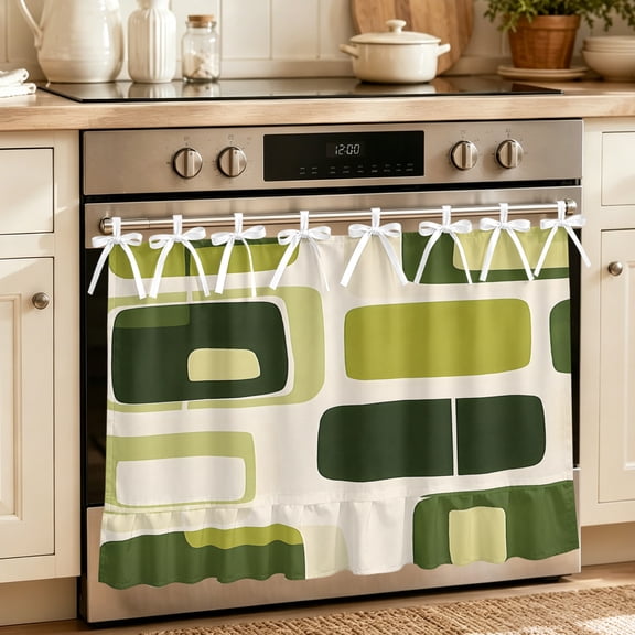 Sage Green Boho Oven Skirt Curtain 30"Wx21.5"L,Waterproof Ruffled Stove Cover Skirt with 8 Ribbon Ties,Modern Abstract Geometric Middle Century Decorative Oven Door Curtains for Kitchen Dishwasher