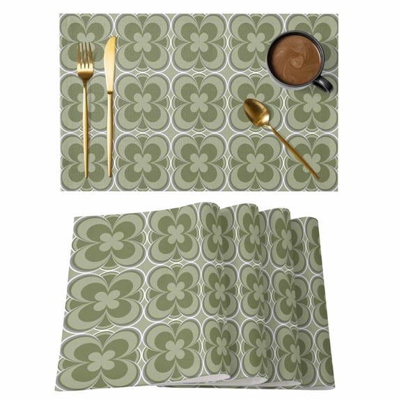 Sage Green Boho Placemats Set of 6, Farmhouse Chic Abstract Patterned Placemats for Dining Table, Place Mats for Kitchen Tabletop, Waterproof Wipeable Dining Table Mats Set