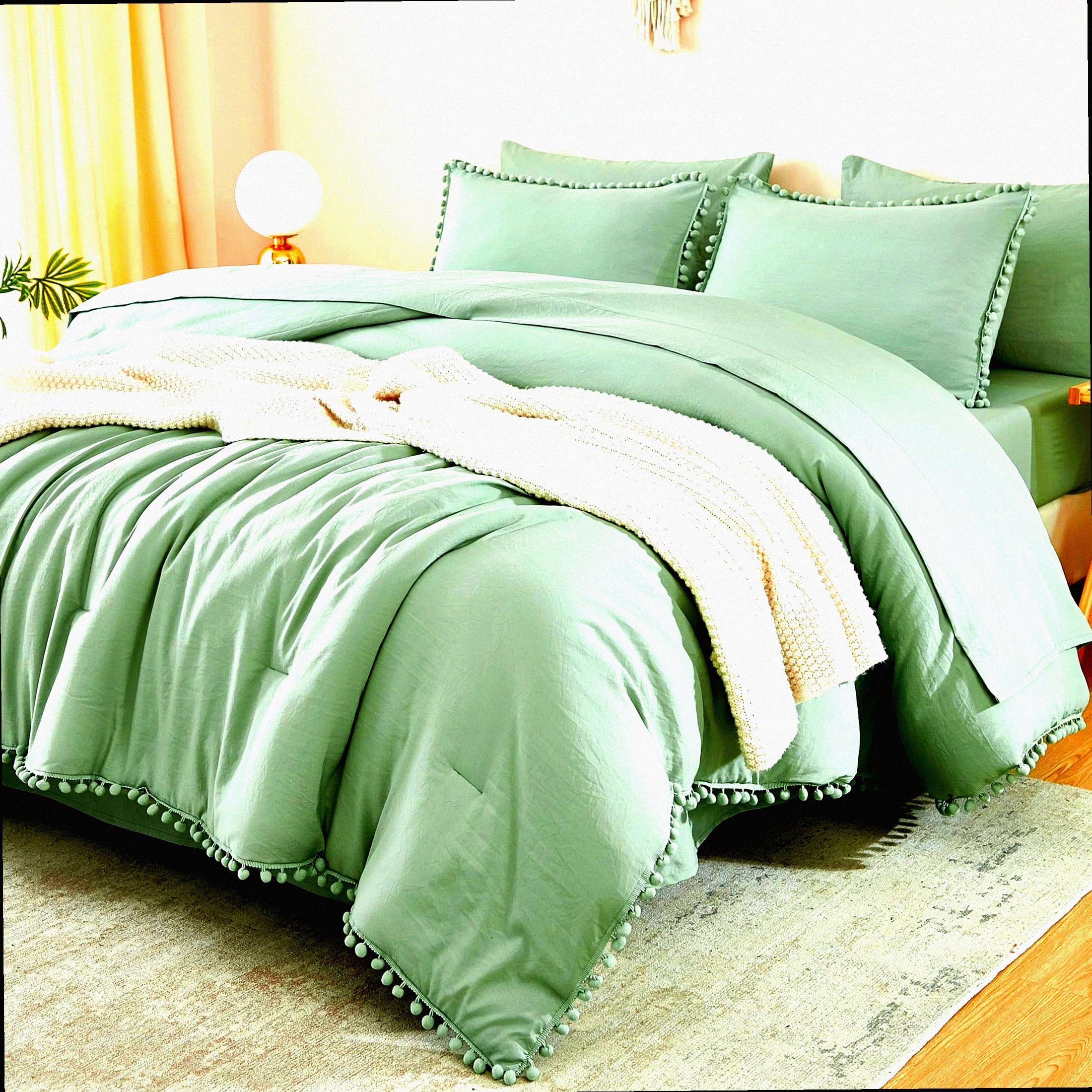 Sage Green Boho Pom Pom 7Piece Comforter Set with Fringe Detail Full