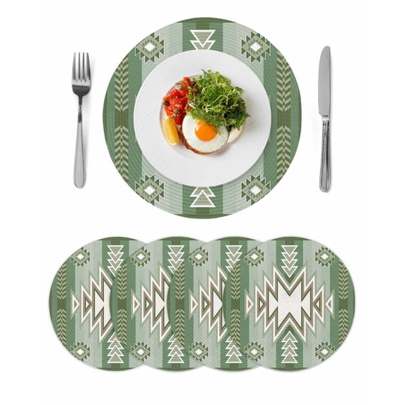 Sage Green Boho Round 13 Inch Placemats Set of 4, American Native Southwest Abstract Art HeatResistant Non Slip Place Mats for Dining Table, Wipeable Braided Kitchen Table Mats for Housewarming