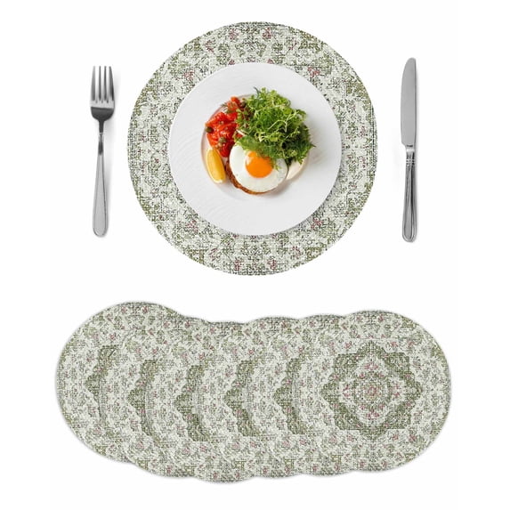 Sage Green Boho Round 13 Inch Placemats Set of 6, Vintage Abstract Art Ethnic Tribe HeatResistant Non Slip Place Mats for Dining Table, Wipeable Braided Kitchen Table Mats for Housewarming