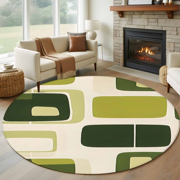 Sage Green Boho Round Area Rug 5 FT, Non Slip Bedroom Area Rug, Modern Abstract Geometric Middle Century Washable Soft Circular Carpet Floor Mat for Kitchen Dining Room Foyer Balcony Dorm