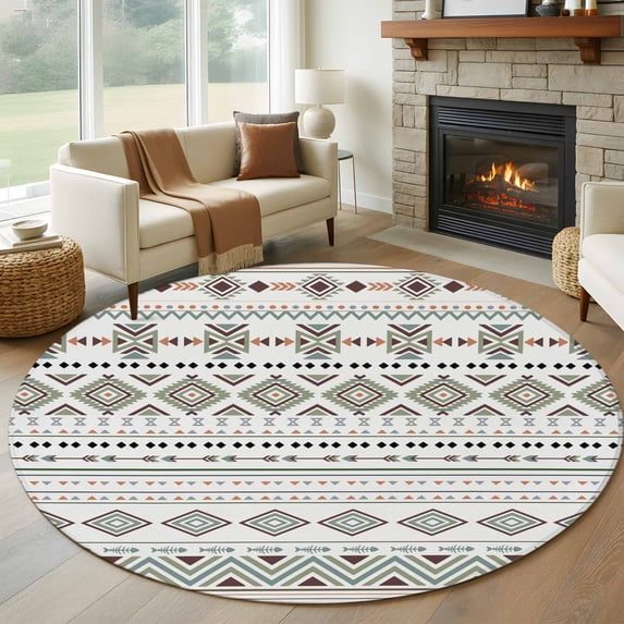 Sage Green Boho Round Rug 6ft Washable Circle Kitchen Rugs Non Slip Vintage Ethnic Tribe Abstract Art Large Area Rug Indoor Floor Carpet for Bedroom Living Room Home Office Dining Room Nursery
