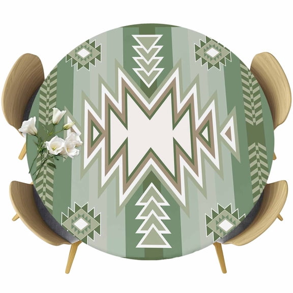 Sage Green Boho Round Tablecloth, Fitted Table Cover with Elastic for 36"-44" Round Tables, American Native Southwest Abstract Art Table Cloth Outdoor Indoor Dinning Party Waterproof Tablecloths