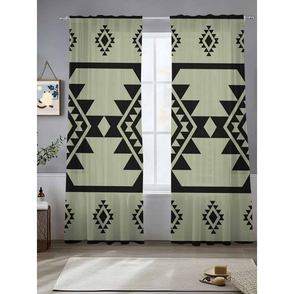 Sage Green Boho Sheer Curtains for Living Room Bedroom Southwest Aztec Abstract Geometric Sheer Curtains 96 Inch Long 2 Panels Set Light Filtering Curtain Window Treatments Drapes for Dining Room