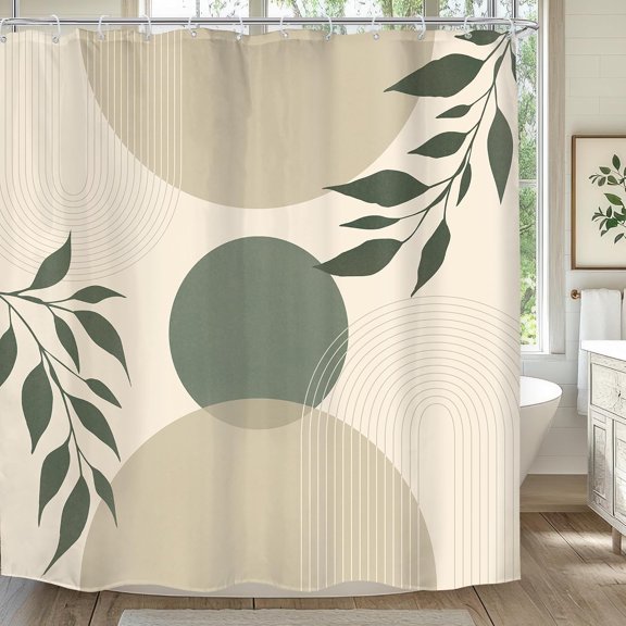 Sage Green Boho Shower Curtain 72Wx72H Geometric Mid Century Modern Abstract Minimalist Leaves Beige Arch Plant Botanic Botany Bathroom Decor Neutral Bath Curtain Fabric Polyester 12 Pack Hooks