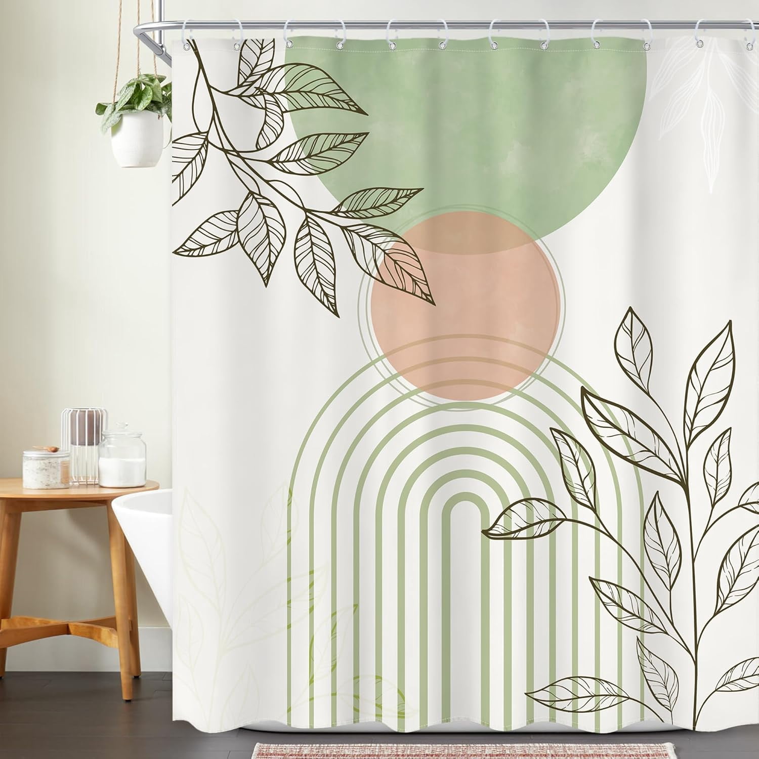 Sage Green Boho Shower Curtain 72Wx72L Inch Mid Century Modern Abstract Leaves Minimalist Geometric Arch Sun Shower Curtain Bathroom Set Plant Bath Curtain Bathtub Accessories Home Decor