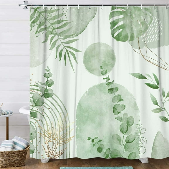 Sage Green Boho Shower Curtain, Abstract Bohemian Mid Century Modern Tropical Palm Leaves Shower Curtain Set, Gold Geometric Plant Minimalist Polyester Bathroom Decor Bath Curtains with Hooks,72X72