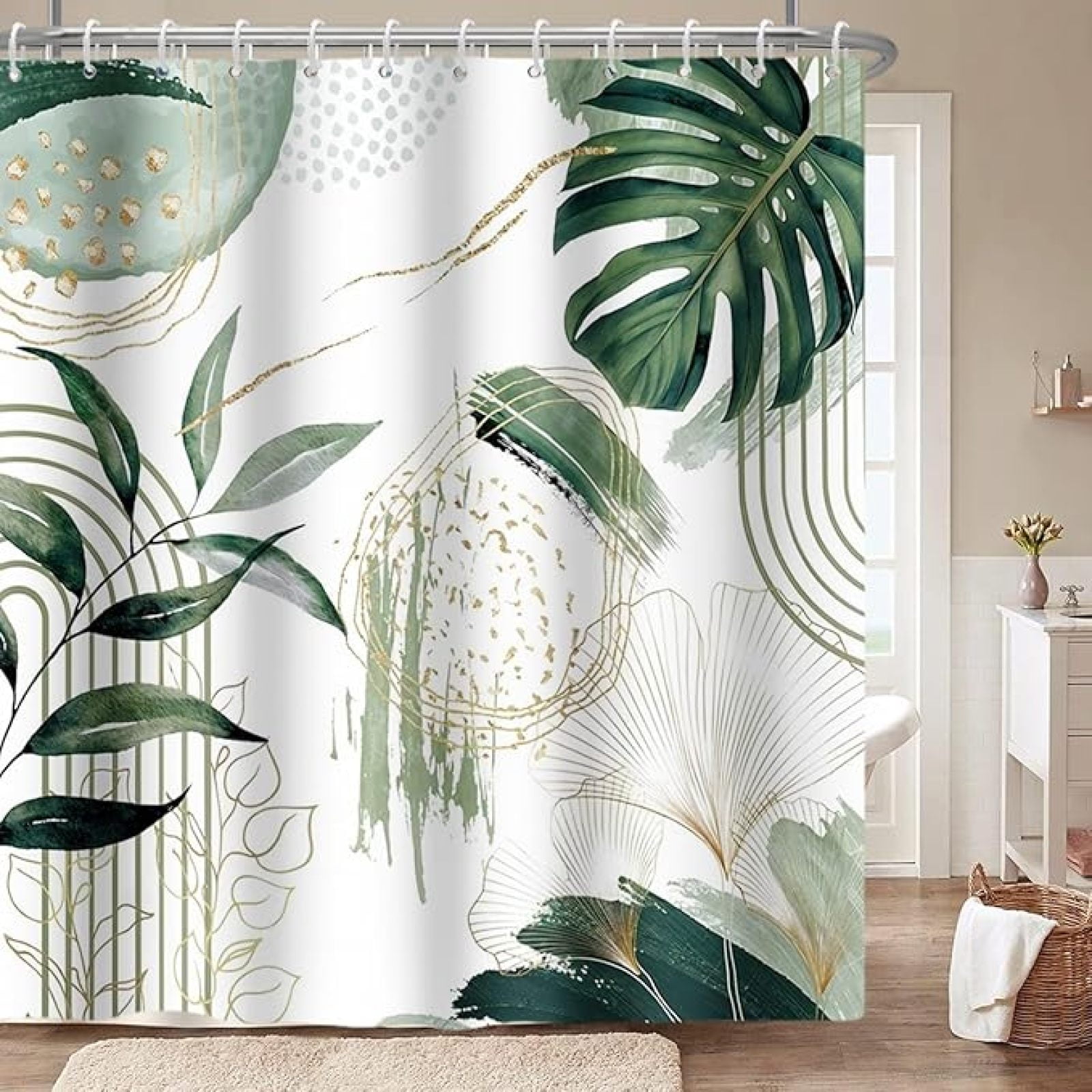 KOUFALL Olive Green Boho Shower Curtain - 72 Inch Linen Fabric, Waterproof & No Liner Needed