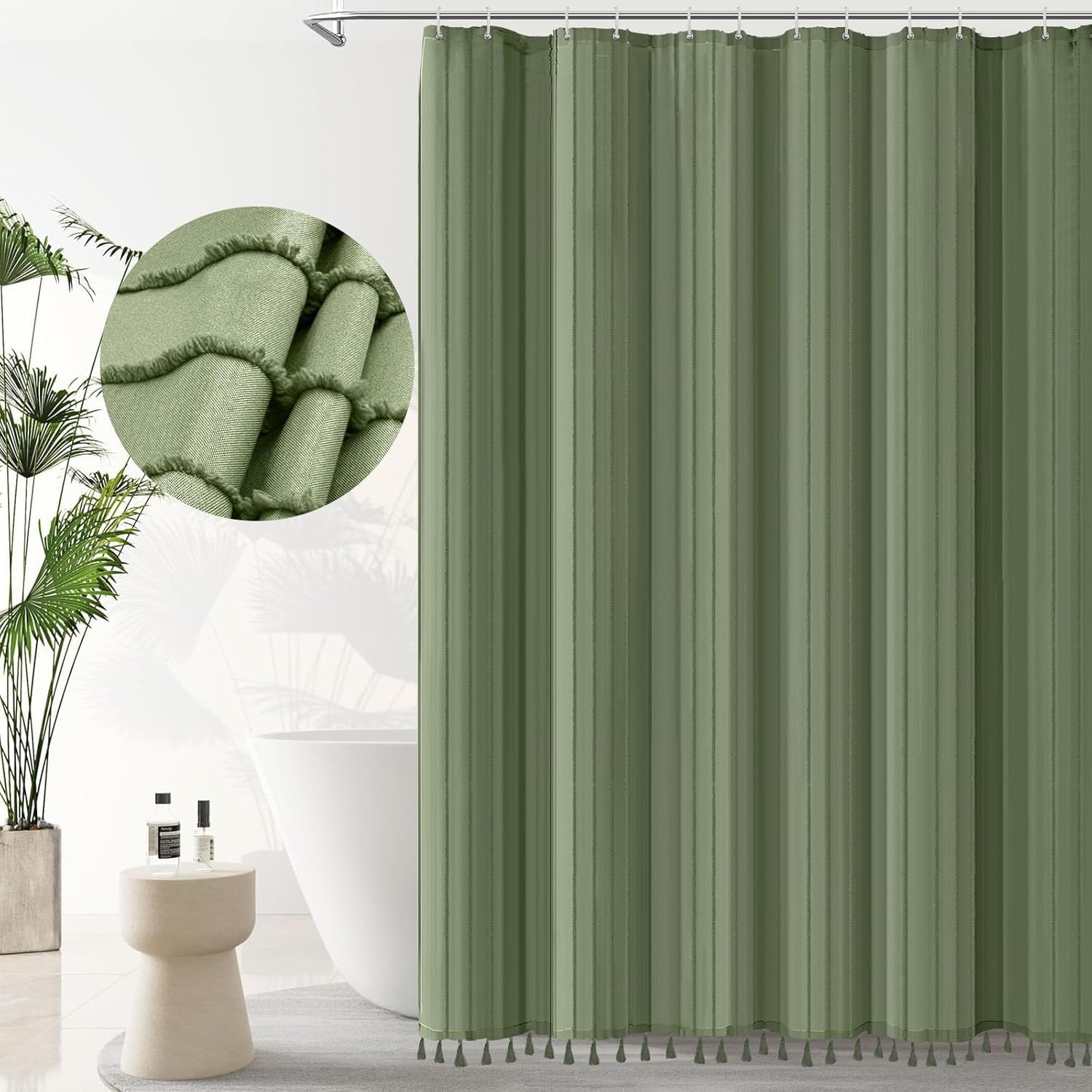 Sage Green Boho Shower Curtain Fabric Striped Shower Curtains With Tassles, Modern Farmhouse ...