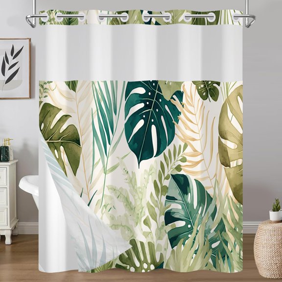 Sage Green Boho Shower Curtain and Liner Set, Tropical Palm Leaves Botanical Printed Design Bathroom Curtains, Waterproof Double Layers Fabric No Hook Shower Curtain, 71x74 inch