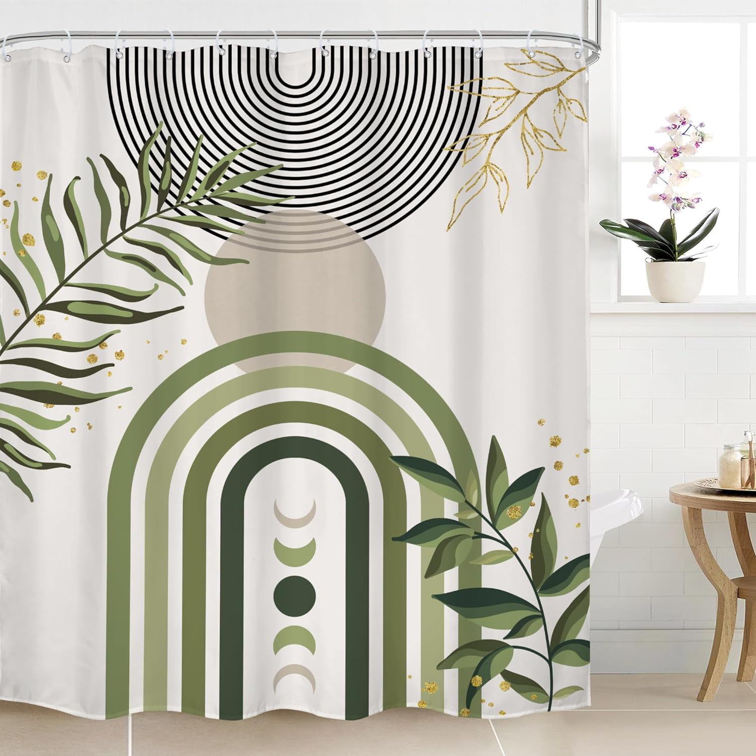 Sage Green Boho Shower Curtain Mid Century Modern Abstract Grey Gold