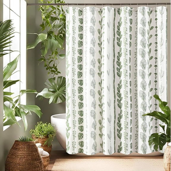 Sage Green Boho Shower Curtain, Modern White Light Green Neutral Farmhouse Waterproof Fabric Shower Curtain for Bathroom, Unique Decorative Tropical Botanical Nature Plant Floral Eucalyptus Decor