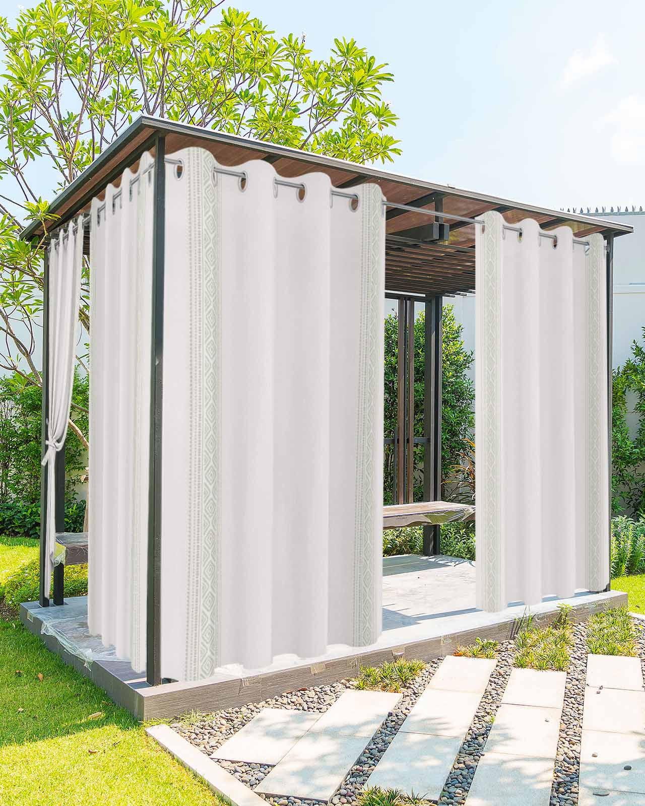 Sage Green Boho Striped Outdoor Curtains for Patio, Vintage Ethnic Tribe Geometric Privacy Drapes Grommet Waterproof Outside Curtains for Porch/Cabana/Balcony 54"x 95", 2 Panel