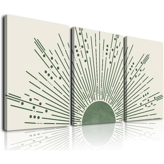 Sage Green Boho Sun Wall Art Set of 3, Framed Canvas Wall Art Sun Rising on the Horizon Geometric Nature Illustrations Line Art Wall, Mid-Century Modern Prints Sage Green Wall Decor for Living