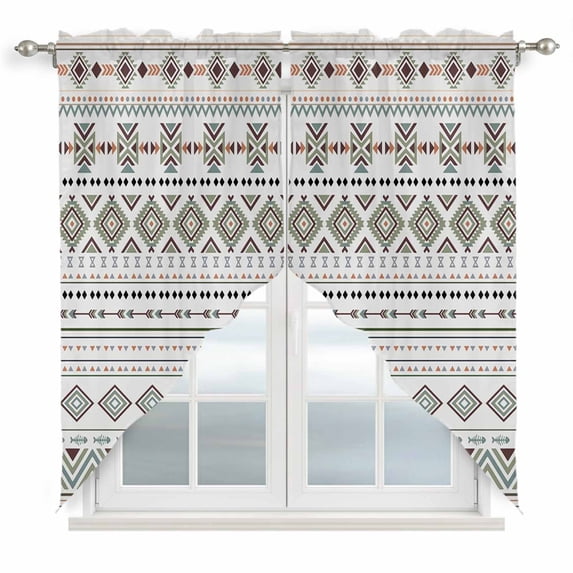 Sage Green Boho Swag Valances for Windows, Kitchen Window Curtains Over Sink, Vintage Ethnic Tribe Abstract Art Window Treatment Curtains for Living Room/Bedroom Curtains 2 Panel Sets 36"x45"