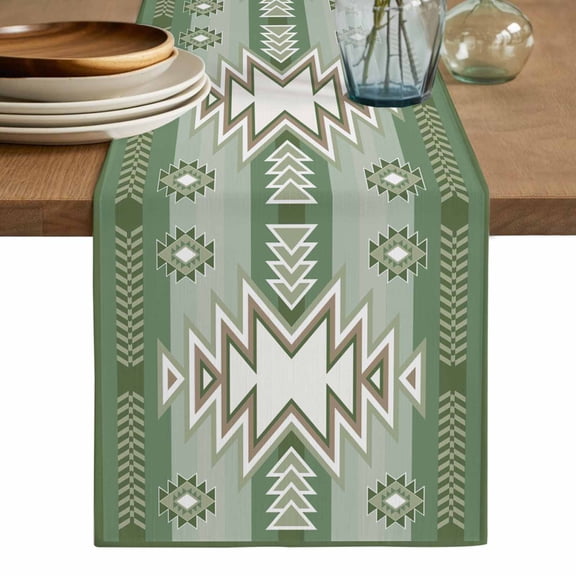 Sage Green Boho Table Runner, American Native Southwest Abstract Art Washable Cotton Linen Table Runners 36 Inches Long, Dresser Scarf Runner for Nightstand/End Tables/Round Tables 13''x36''