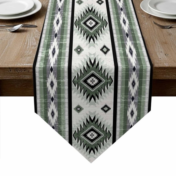 Sage Green Boho Table Runner Linen Burlap Table Runner 48 Inches Long Southwestern Ethnic Aztec Retro Geometric Dresser Scarves for Kitchen Island Coffee Dining Room Party Holiday Decoration 13"x48"