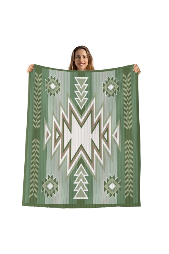 Sage Green Boho Throw Blanket, Flannel Fleece Blanket with Striped Design for Couch, American Native Southwest Abstract Art Soft Breathable All Season Plush Blankets for Sofa Office Chair 30"x40"