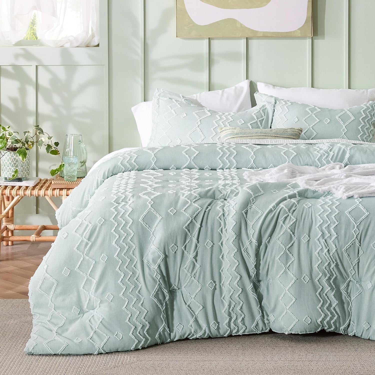 Sage Green Boho Tufted Comforter Bedding Set King Size 3 Piece