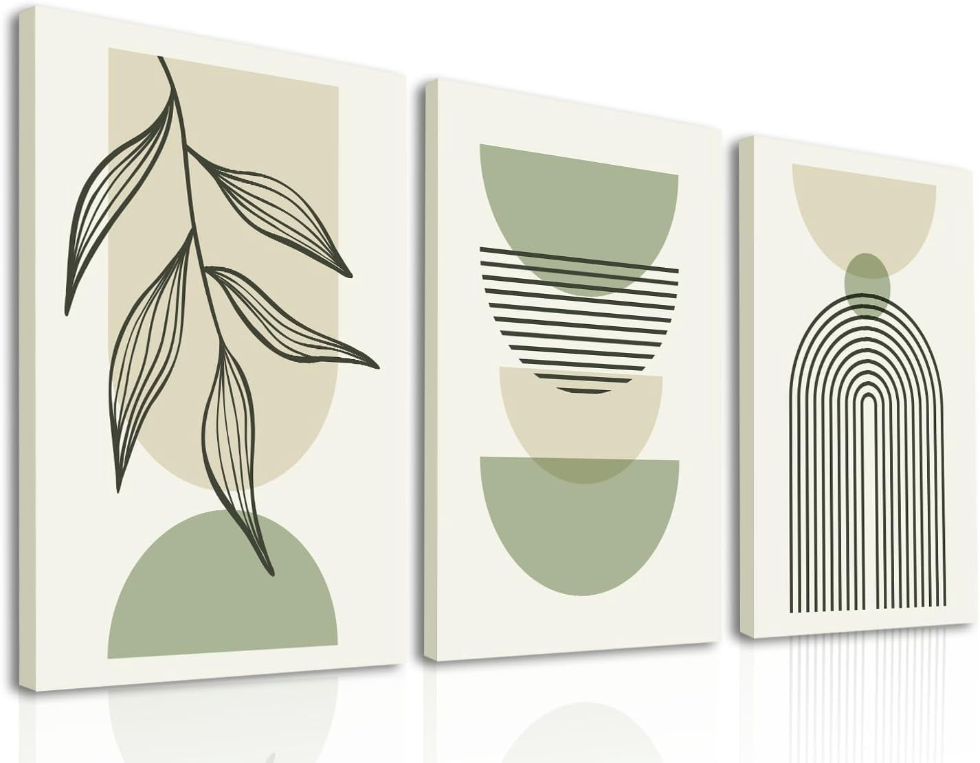 Sage Green Boho Wall Art, Abstract Boho Plant Leaves Line Rainbow ...