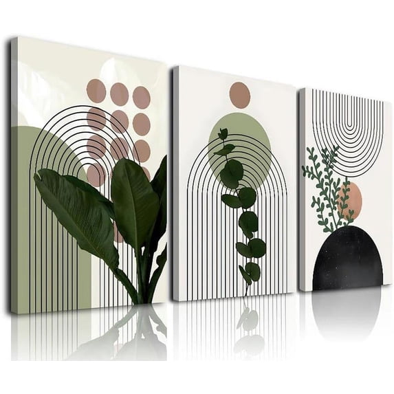 Sage Green Boho Wall Art, Abstract Framed Canvas Wall Art Palm Leaf Sun Moon Line Beige Green Wall Decor, Minimalist Geometric Boho Room Decor, Sage Green Wall Posters & Prints for Living