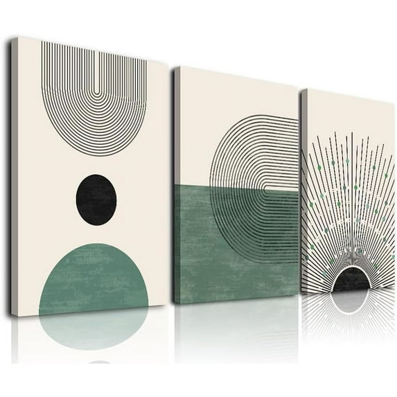 Sage Green Boho Wall Art Abstract Framed Canvas Wall Art for Living Room Minimalist Beige Green Sun Geometry Black Line Artwork Paintings Modern Sage Green Boho Room Green Wall Decor 12x16x3