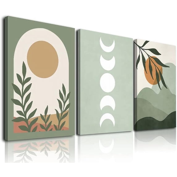 Sage Green Boho Wall Art, Boho Wall Decor, Mid-Century Modern Wall Art Prints, Framed Minimalist Abstract Sun Leaf Mountain Canvas Prints Boho Sage Green Wall Decor