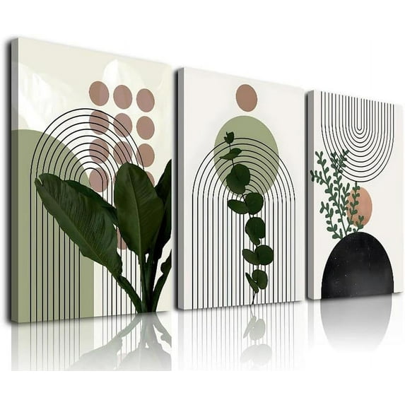 Sage Green Boho Wall Art, KBKBART Abstract Framed Canvas Wall Art Palm Leaf Sun Moon Line Beige Green Wall Decor, Minimalist Geometric Boho Room Decor, Sage Green Wall Posters & Prints 12"x16"