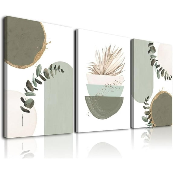 Sage Green Boho Wall Art, Modern Nordic Green Wall Decor, Minimalist Watercolor Leaf Framed Canvas Print Paintings, Abstract Sage Green Boho Room Decor for Living Room Bedroom Bathroom Office