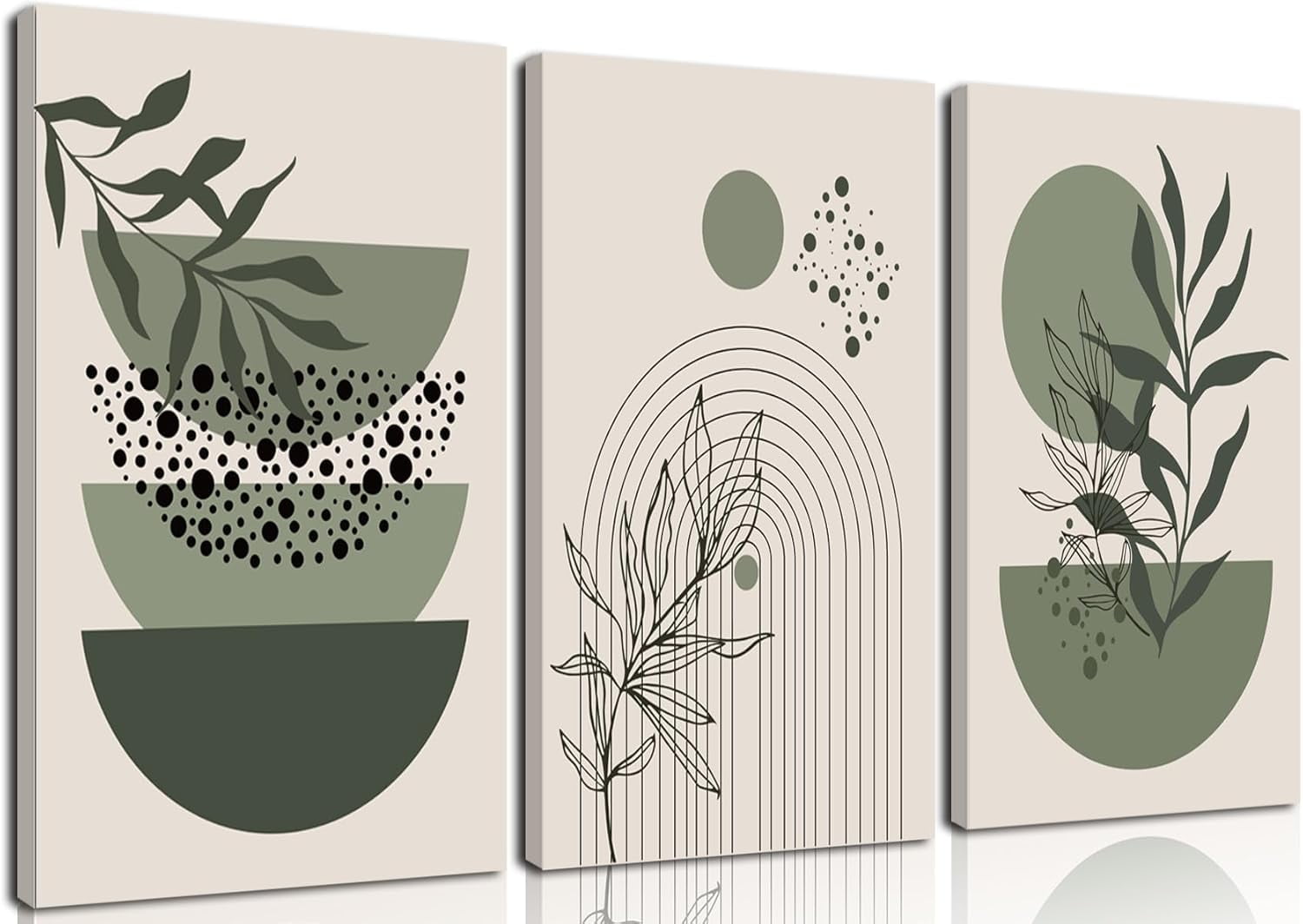 Sage Green Boho Wall Art Set of 3 Abstract Minimalist Geometric Line ...