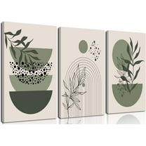 Sage Green Boho Wall Art Set of 3 Abstract Minimalist Geometric Line Poster Green Botanical Leaf Canvas Prints Modern Artwork Painting Decor for Living Room Bedroom Office 12x16 in Framed