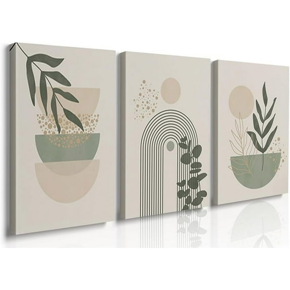 Sage Green Boho Wall Art Set of 3,Mid Century Modern Wall Art Framed Canvas Print Beige 12"x16" Minimalist Geometric Wall Decor Abstract Neutral Boho Wall Decor for Living Room Bedroom Bathroom