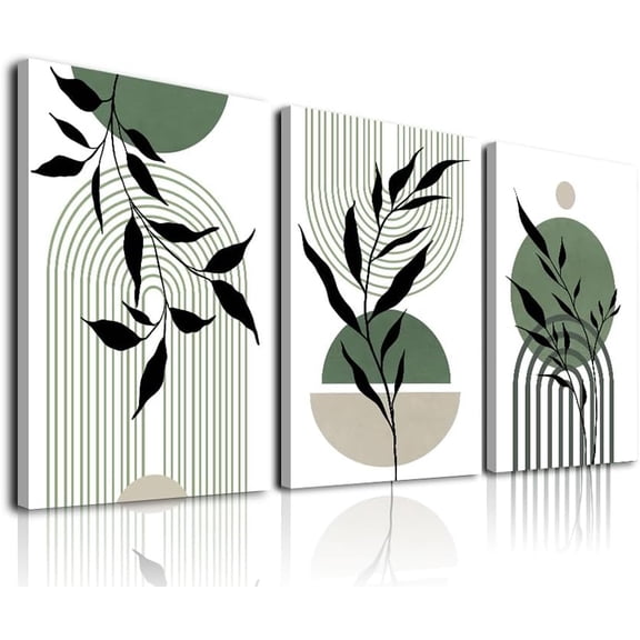 Sage Green Boho Wall Art Set of 3, Minimalist Boho Wall Decor Geometric Abstract Line Botanical Green Canvas Artwork Paintings, Framed Boho Room Decor, 12"x16"