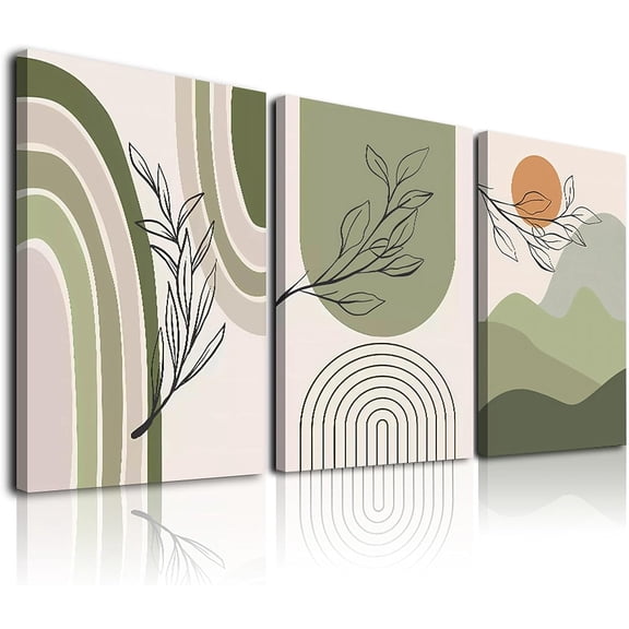 Sage Green Boho Wall Art Set of 3, Minimalist Boho Wall Decor Geometric Abstract Line Leaf Rainbow Sun Mountian Green Canvas Artwork Patintings, Framed Botanical Boho Room Decor,12"x16"