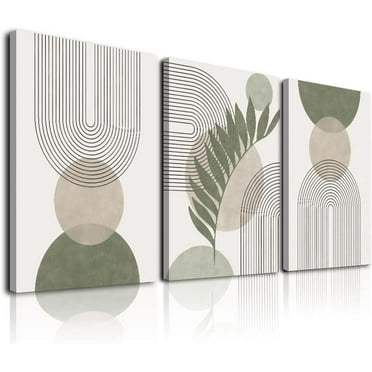 Sage Green Boho Wall Art Set of 3, Minimalist Framed Wall Art Geometric Line Leaf Sun Moon Beige Green Canvas Artwork Paintings, Abstract Botanical Boho Room Decor, Office, 12"x16"