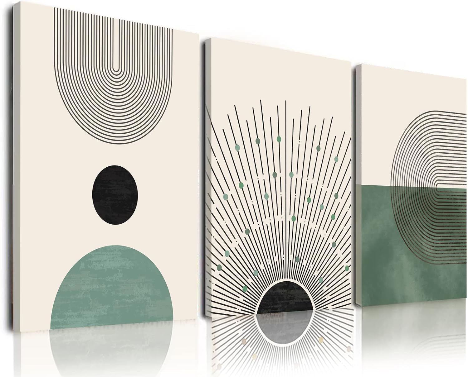 Sage Green Boho Wall Art Set of 3, Minimalist Framed Geometric Line Sun ...
