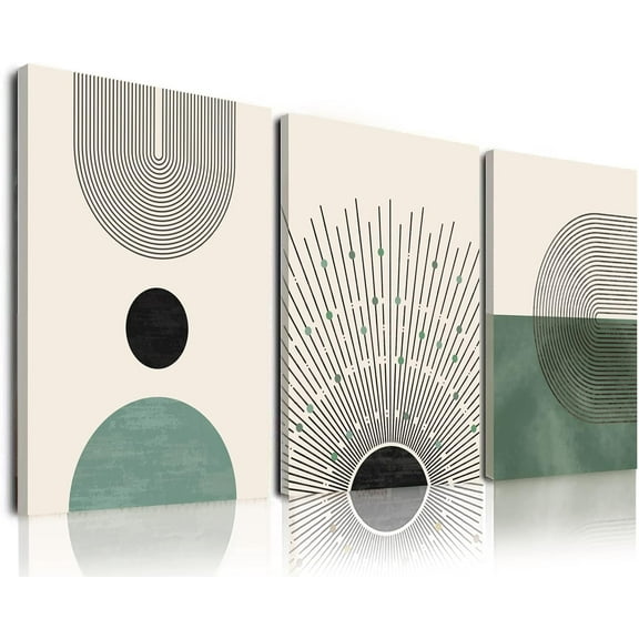 Sage Green Boho Wall Art Set of 3, Minimalist Framed Geometric Line Sun Green Canvas Artwork Paintings, Modern Boho Room Decor, Sage Green Abstract Wall Art for Living Room, Bedroom, Bathroom, Office