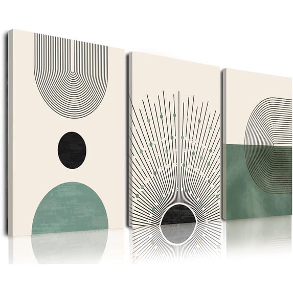 Sage Green Boho Wall Art Set of 3, Minimalist Framed Geometric Line Sun Green Canvas Artwork Paintings, Modern Boho Room Decor, Sage Green Abstract Wall Art for Living Room, Bedroom, Bathroom, Office