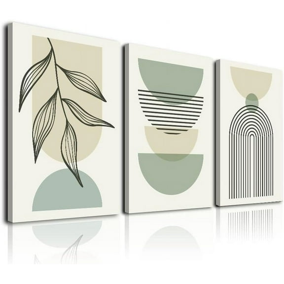 Sage Green Boho Wall Art Set of 3, Minimalist Framed Wall Art Geometric Line Leaf Beige Green Canvas Artwork Paintings, Abstract Botanical Boho Room Decor, Office, 12"x16"