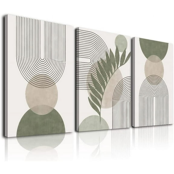 Sage Green Boho Wall Art Set of 3 Minimalist Framed Wall Art Geometric Line Leaf Sun Moon Beige Green Canvas Artwork Paintings Abstract Botanical Boho Room Decor Sage Green Wall Art 12"x16"