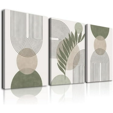 Sage Green Boho Wall Art Set of 3, Minimalist Framed Wall Art Geometric Line Leaf Sun Moon Beige Green Canvas Artwork Paintings, Abstract Botanical Boho Room Decor, Office, 12"x16"