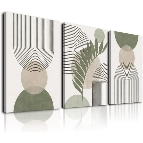 Sage Green Boho Wall Art Set of 3, Minimalist Framed Wall Art Geometric Line Leaf Sun Moon Beige Green Canvas Artwork Paintings, Abstract Botanical Boho Room Decor, Office, 12"x16"
