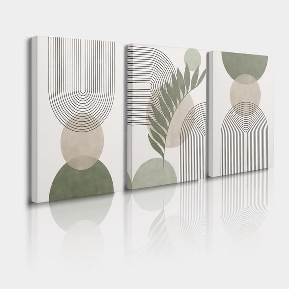 Sage Green Boho Wall Art Set of 3,Minimalist Framed Wall Art Geometric Line Leaf Sun Moon Beige Green Canvas Artwork Paintings,Bedroom,Bathroom Office 12"X16"