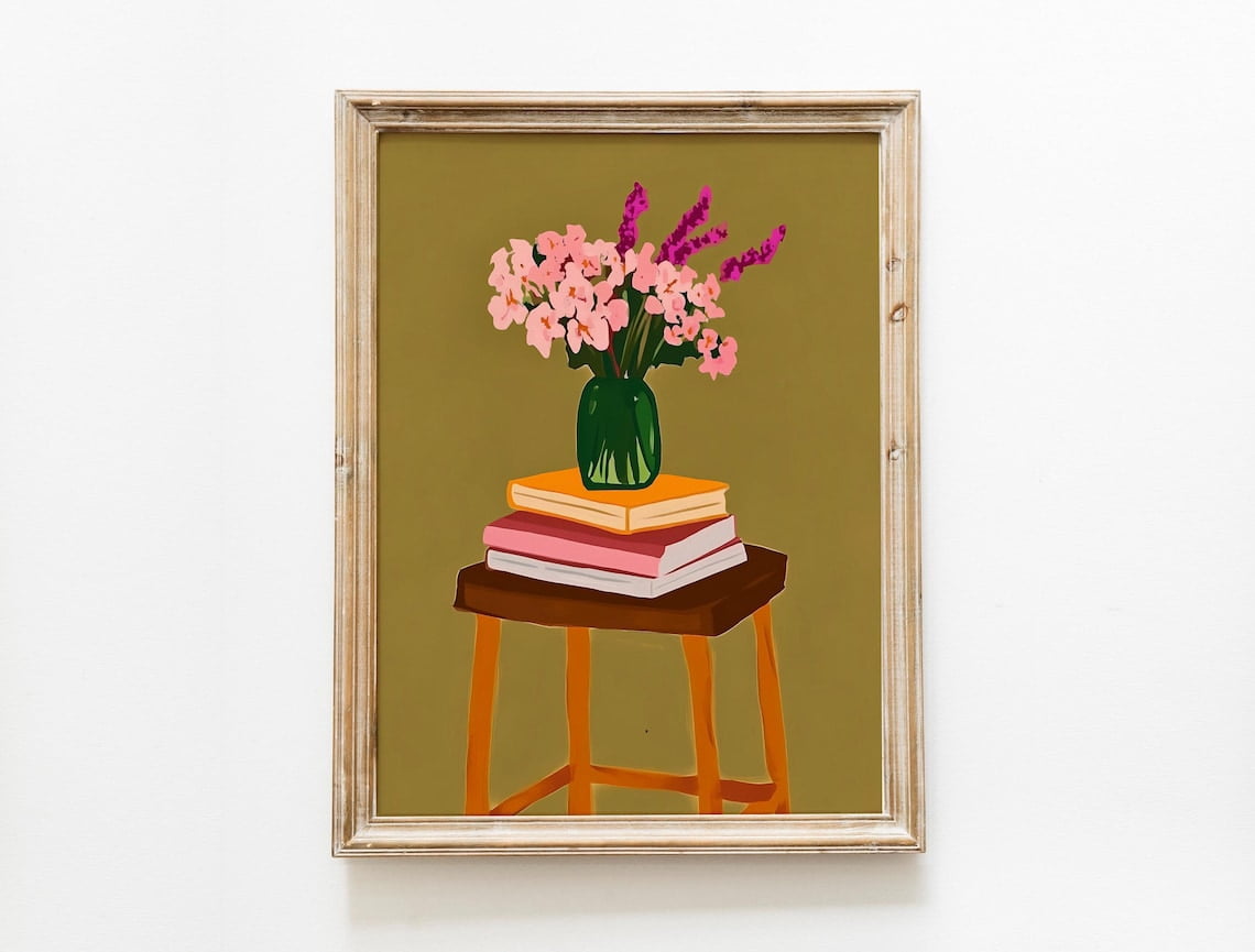 Sage Green Books Poster Stack With Flowers Art Modern Bookshelf Decor ...
