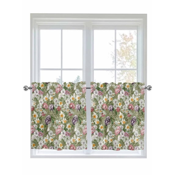 Sage Green Botanical 2 Panel Kitchen Curtains for Small Windows, Spring Floral Summer Botanical Vintage Bathroom Tier Curtain, Short Window Treatment for Bedroom/Living Room 55"x24"