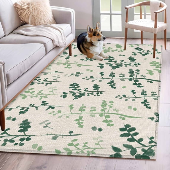 Sage Green Botanical Area Rugs 3'x5', Small Throw Rugs for Living Room Bedroom, Rustic Country Spring Floral Summer Leaf Indoor Outdoor Rug Non-Slip Low Pile Carpet Runner Reversible Floor Mats