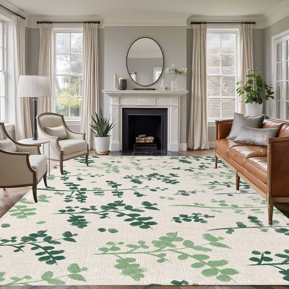 Sage Green Botanical Area Rugs 8'x10', Small Throw Rugs for Living Room Patio, Rustic Country Spring Floral Summer Leaf Indoor Outdoor Rug Non-Slip Low Pile Carpet Runner Reversible Floor Mats