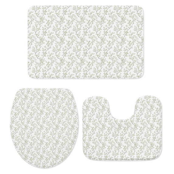 Sage Green Botanical Bath Mat 3 Piece Bathroom Rug Set, Plant Flower Floral Tree Branch Non Slip Bath Rug Contour Mat and Toilet Lid Cover, Absorbent Shower Mats Soft Bath Rugs and Mats Sets